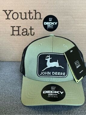 Youth Trucker Hat John Deere Kids Loden and Black Hat w/ USA flag on side